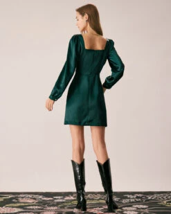 The Green Square Neck Satin A-Line Mini Dress 11 The Green Square Neck Satin A-Line Mini Dress -CINN Clothing Shop the square neck puff sleeve satin dress dresses 1hbtrl