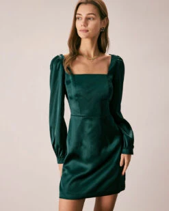 The Green Square Neck Satin A-Line Mini Dress 9 The Green Square Neck Satin A-Line Mini Dress -CINN Clothing Shop the square neck puff sleeve satin dress dresses dcudls