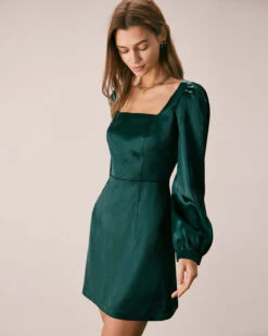 The Green Square Neck Satin A-Line Mini Dress 10 The Green Square Neck Satin A-Line Mini Dress -CINN Clothing Shop the square neck puff sleeve satin dress dresses grzlw8