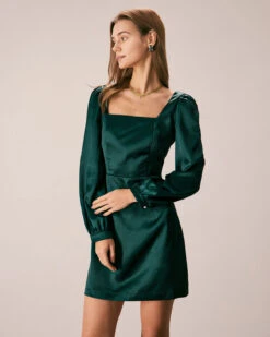 The Green Square Neck Satin A-Line Mini Dress 8 The Green Square Neck Satin A-Line Mini Dress -CINN Clothing Shop the square neck puff sleeve satin dress dresses h2n6x1