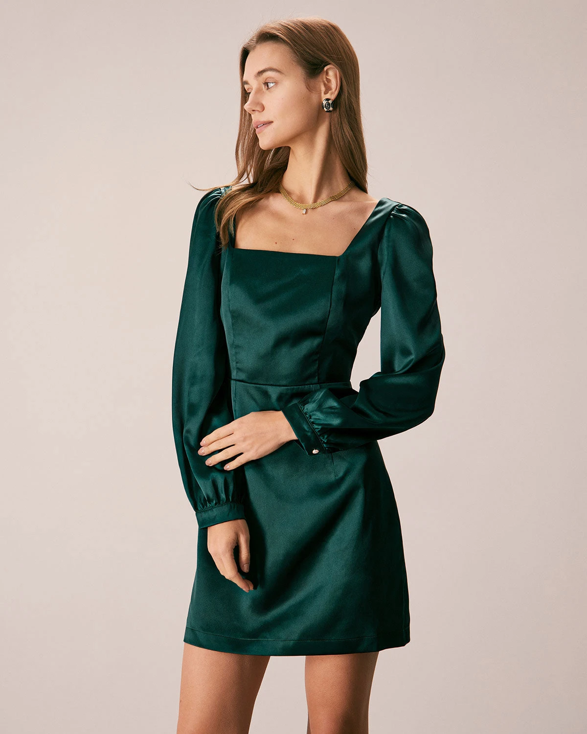 The Green Square Neck Satin A-Line Mini Dress 3 The Green Square Neck Satin A-Line Mini Dress - Image 3