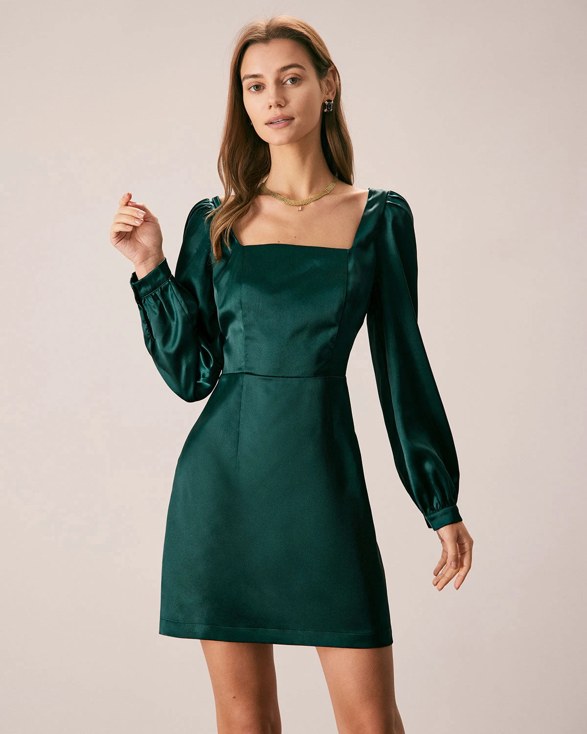 The Green Square Neck Satin A-Line Mini Dress 1 The Green Square Neck Satin A-Line Mini Dress