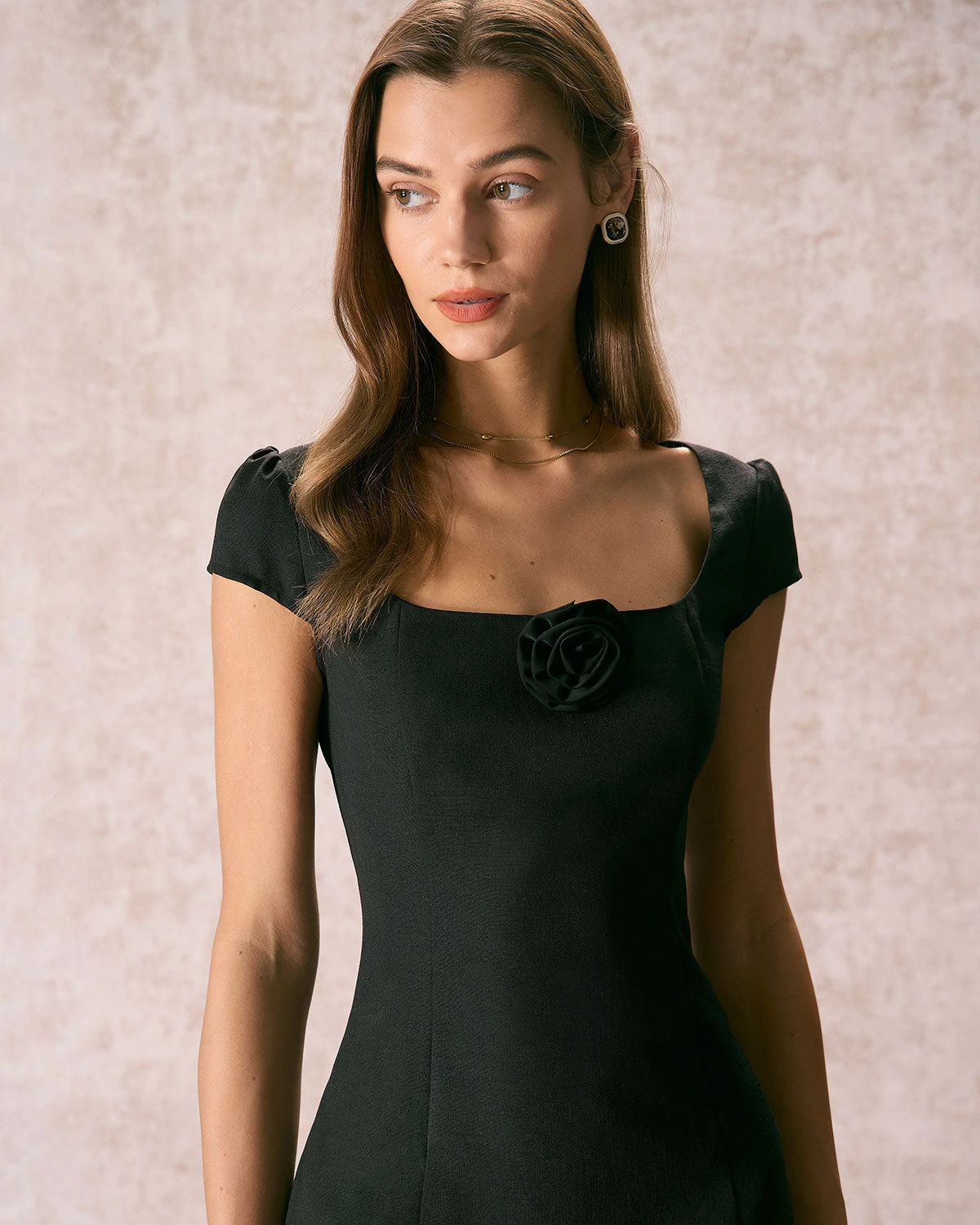 The Black Square Neck Rosette Mini Dress 2 The Black Square Neck Rosette Mini Dress - Image 2