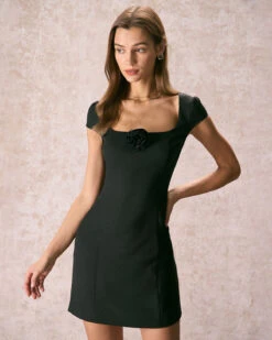 The Black Square Neck Rosette Mini Dress 9 The Black Square Neck Rosette Mini Dress -CINN Clothing Shop the square neck rosette mini dress dresses hw3azo