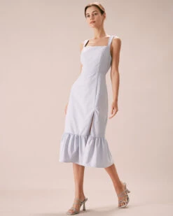 The Light Blue Square Neck Ruffle Midi Dress 9 The Light Blue Square Neck Ruffle Midi Dress -CINN Clothing Shop the square neck ruffle hem dress dresses uepxty