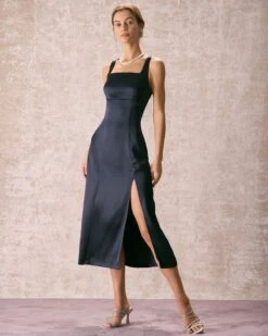 The Navy Square Neck Sheath Satin Midi Dress 9 The Navy Square Neck Sheath Satin Midi Dress -CINN Clothing Shop the square neck satin midi dress dresses 7ttqyc