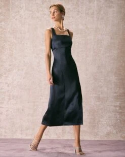 The Navy Square Neck Sheath Satin Midi Dress 10 The Navy Square Neck Sheath Satin Midi Dress -CINN Clothing Shop the square neck satin midi dress dresses wnsuet