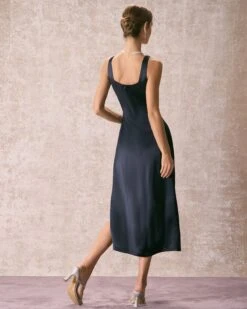 The Navy Square Neck Sheath Satin Midi Dress 11 The Navy Square Neck Sheath Satin Midi Dress -CINN Clothing Shop the square neck satin midi dress dresses z3t8lj