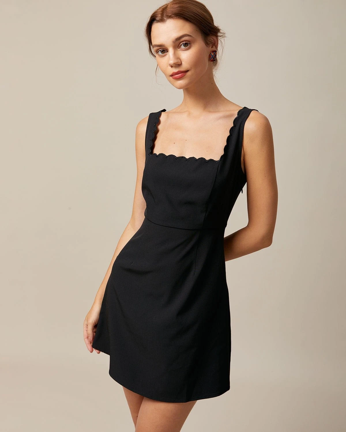 The Black Square Neck Scalloped Mini Dress 3 The Black Square Neck Scalloped Mini Dress - Image 3