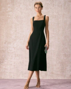 The Black Square Neck Sheath Midi Dress