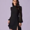 The Black Stand Collar Sheer Slit Mini Dress