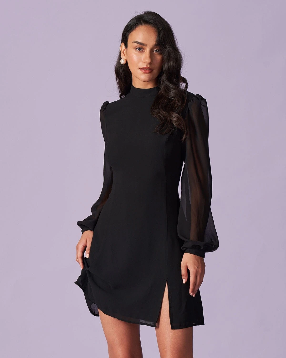 The Black Stand Collar Sheer Slit Mini Dress 1 The Black Stand Collar Sheer Slit Mini Dress