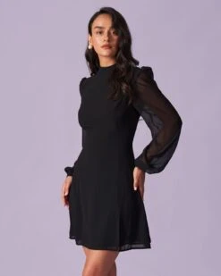 The Black Stand Collar Sheer Slit Mini Dress 12 The Black Stand Collar Sheer Slit Mini Dress -CINN Clothing Shop the stand collar sheer mini dress dresses lhezrt 354447
