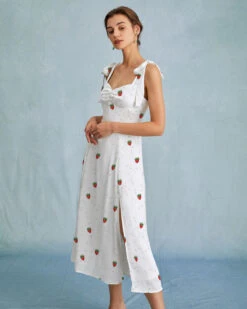 The White Strawberry Tie Strap Slit Midi Dress -CINN Clothing Shop the strawberry tie strap slit midi dress dresses ifdwgc