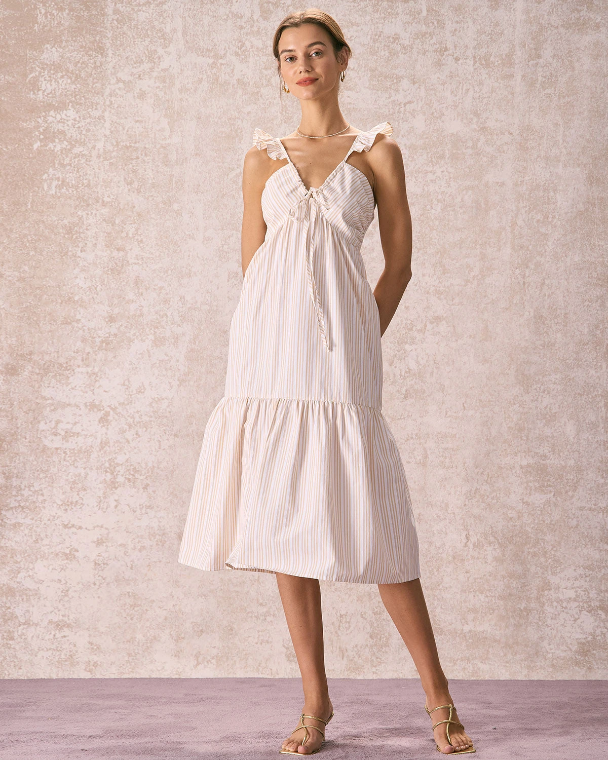 The Yellow V Neck Striped Ruffle Midi Dress 5 The Yellow V Neck Striped Ruffle Midi Dress - Image 5