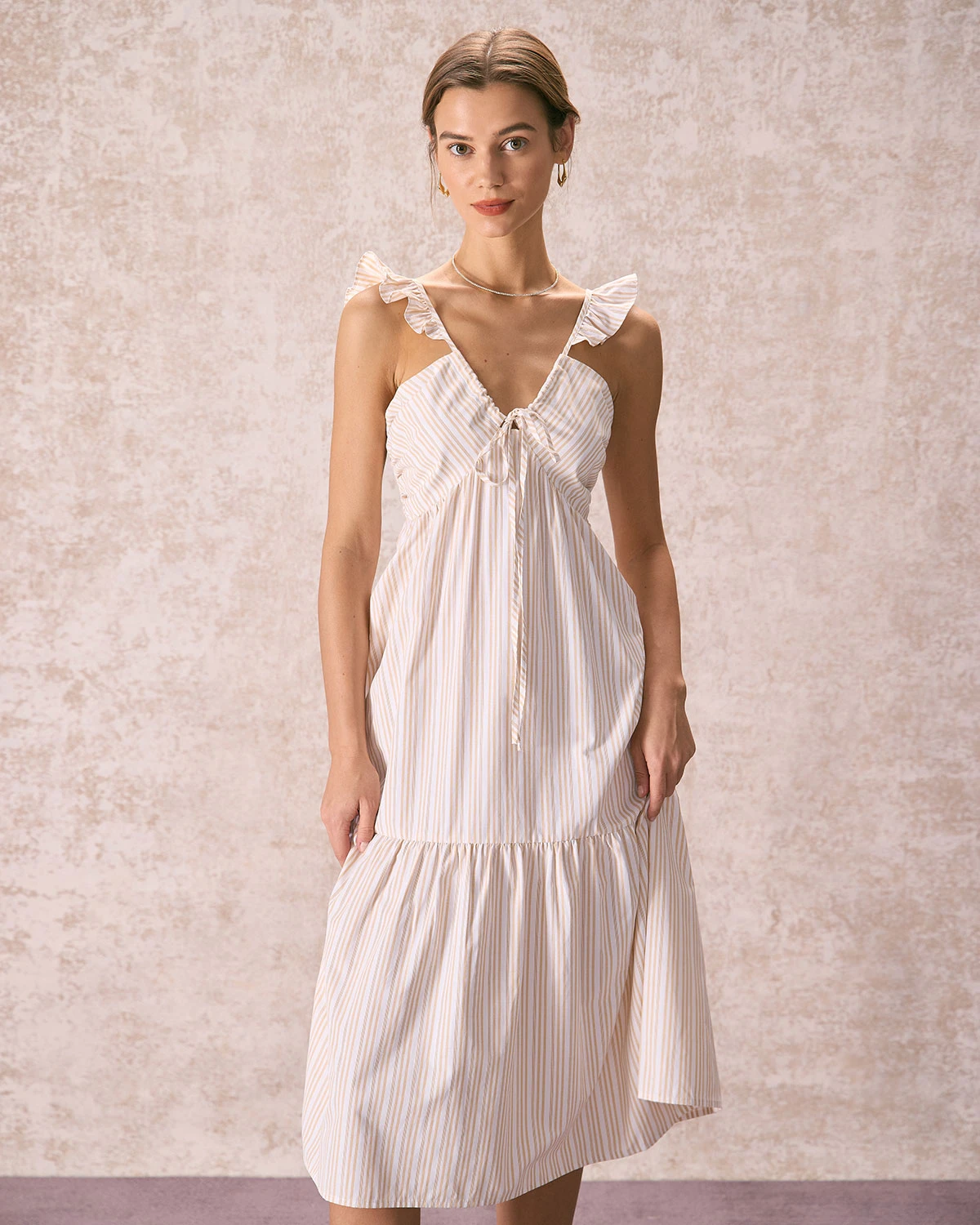 The Yellow V Neck Striped Ruffle Midi Dress 1 The Yellow V Neck Striped Ruffle Midi Dress