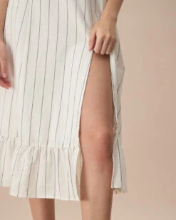 The Beige Puff Sleeve Striped Split Cotton Midi Dress 7 The Beige Puff Sleeve Striped Split Cotton Midi Dress -CINN Clothing Shop the striped split hem midi dress dresses 6bu9yf