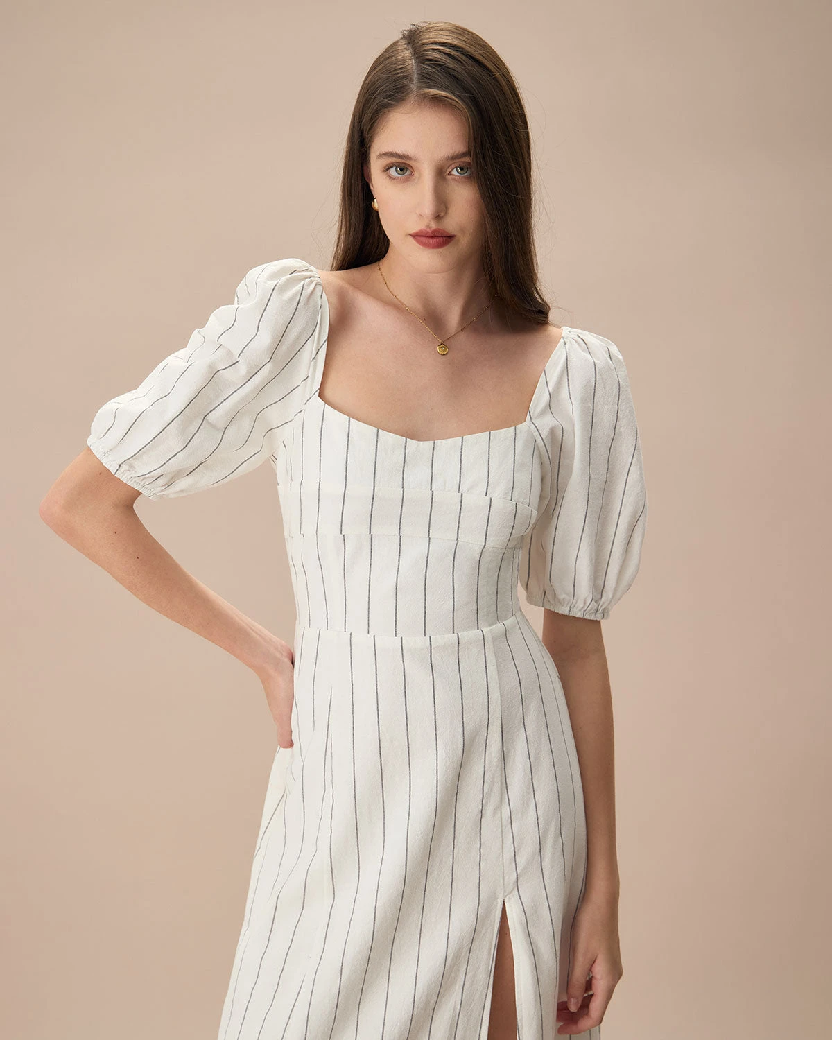 The Beige Puff Sleeve Striped Split Cotton Midi Dress 2 The Beige Puff Sleeve Striped Split Cotton Midi Dress - Image 2