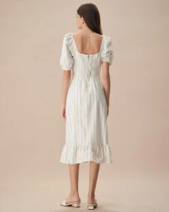 The Beige Puff Sleeve Striped Split Cotton Midi Dress 9 The Beige Puff Sleeve Striped Split Cotton Midi Dress -CINN Clothing Shop the striped split hem midi dress dresses zws1dh