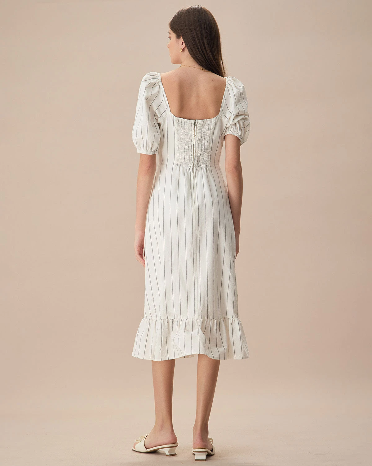 The Beige Puff Sleeve Striped Split Cotton Midi Dress 5 The Beige Puff Sleeve Striped Split Cotton Midi Dress - Image 5