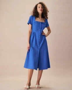 The Blue Sweetheart Neck Button Midi Dress -CINN Clothing Shop the sweetheart neck button midi dress dresses 6kkbcd