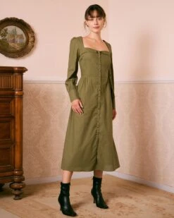 The Green Sweetheart Neck Button Midi Dress 9 The Green Sweetheart Neck Button Midi Dress -CINN Clothing Shop the sweetheart neck button midi dress dresses iotbwn