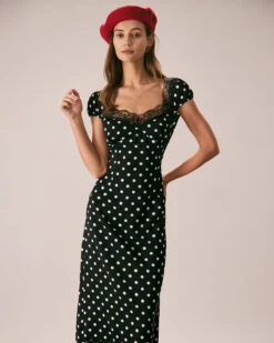 The Black Lace Trim Polka Dot Maxi Dress