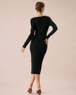 The Black Pearl Trim Bodycon Knit Midi Dress 11 The Black Pearl Trim Bodycon Knit Midi Dress -CINN Clothing Shop the sweetheart neck pearl trim sweater dress dresses ulenbi
