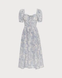 The Blue Sweetheart Neck Puff Sleeve Floral Midi Dress 14 The Blue Sweetheart Neck Puff Sleeve Floral Midi Dress -CINN Clothing Shop the sweetheart neck puff sleeve floral dress blue dresses t90dv1 892703