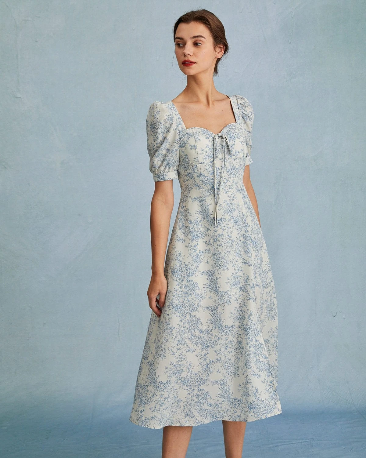 The Blue Sweetheart Neck Puff Sleeve Floral Midi Dress 1 The Blue Sweetheart Neck Puff Sleeve Floral Midi Dress