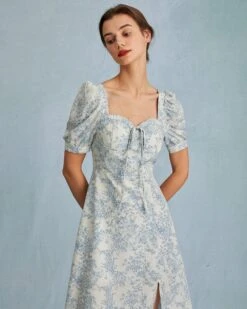 The Blue Sweetheart Neck Puff Sleeve Floral Midi Dress 11 The Blue Sweetheart Neck Puff Sleeve Floral Midi Dress -CINN Clothing Shop the sweetheart neck puff sleeve floral dress dresses rngtj8 483140