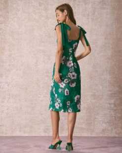 The Green Floral Satin Tie Strap Midi Dress -CINN Clothing Shop the sweetheart neck tie strap satin dress dresses hxj2kc