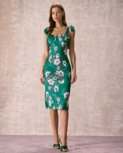The Green Floral Satin Tie Strap Midi Dress -CINN Clothing Shop the sweetheart neck tie strap satin dress green dresses bzb3kr