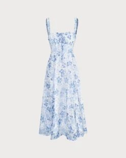 The Blue Square Neck Floral Ruched Midi Dress -CINN Clothing Shop the tie ruched floral dress blue dresses pczein 846181