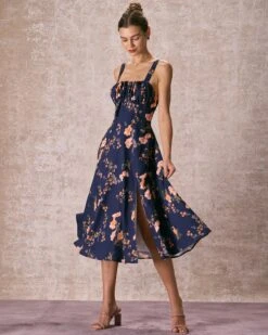 The Navy Lace Up Floral Ruched Midi Dress 9 The Navy Lace Up Floral Ruched Midi Dress -CINN Clothing Shop the tie ruched floral dress dresses ebpaan