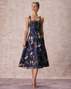 The Navy Lace Up Floral Ruched Midi Dress 10 The Navy Lace Up Floral Ruched Midi Dress -CINN Clothing Shop the tie ruched floral dress dresses hsfphe