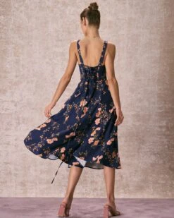 The Navy Lace Up Floral Ruched Midi Dress 11 The Navy Lace Up Floral Ruched Midi Dress -CINN Clothing Shop the tie ruched floral dress dresses mtnpdg