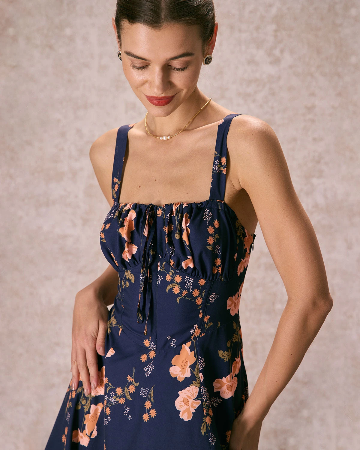 The Navy Lace Up Floral Ruched Midi Dress 2 The Navy Lace Up Floral Ruched Midi Dress - Image 2