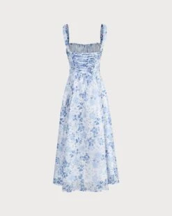 The Blue Square Neck Floral Ruched Midi Dress -CINN Clothing Shop the tie ruched floral dress dresses pyjqfd 371595