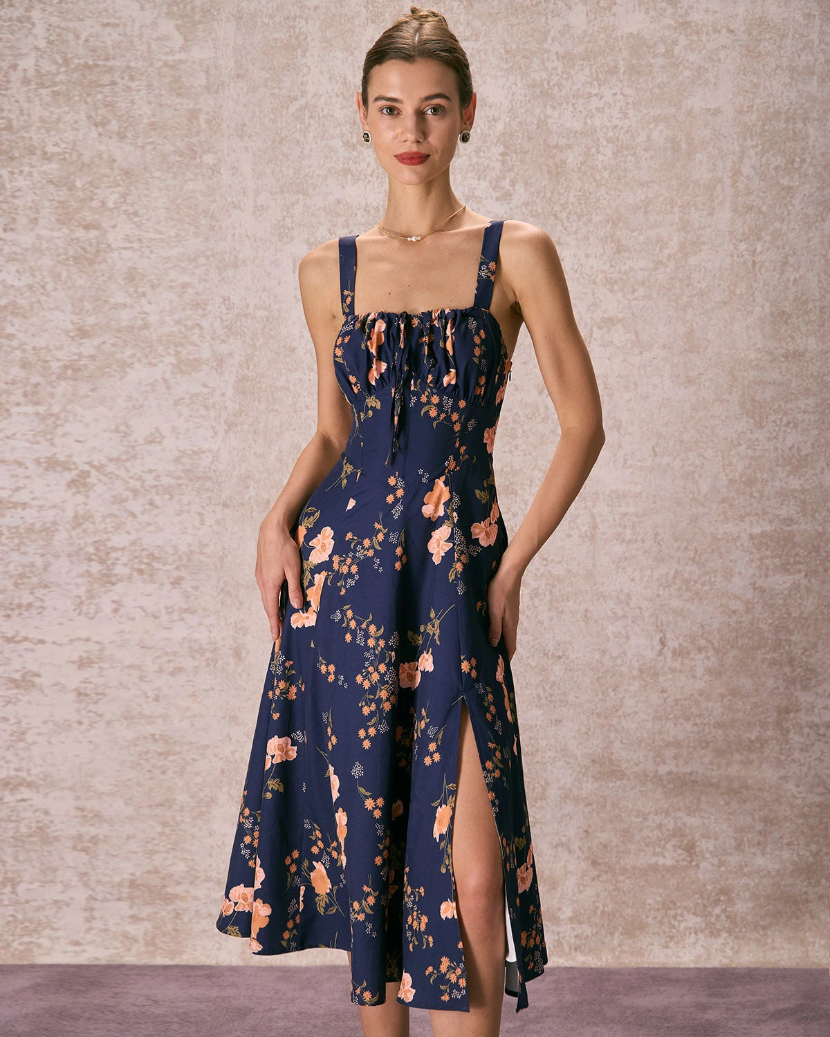 The Navy Lace Up Floral Ruched Midi Dress 1 The Navy Lace Up Floral Ruched Midi Dress