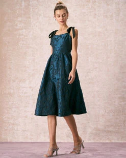 The Navy Tie Shoulder Jacquard Midi Dress -CINN Clothing Shop the tie shoulder jacquard dress dresses jry9zz