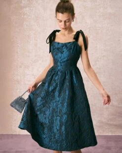 The Navy Tie Shoulder Jacquard Midi Dress