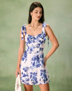 The Blue Floral Tie Strap Mini Dress
