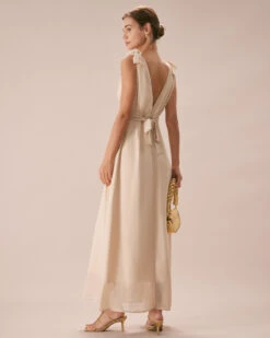 The Apricot V Neck Bowknot Maxi Dress -CINN Clothing Shop the v neck bowknot maxi dress dresses elksfy