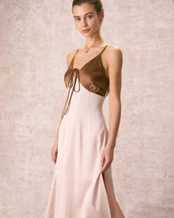 The Khaki V-Neck Colorblock Satin Midi Dress -CINN Clothing Shop the v neck colorblock satin dress dresses 3rwwdu