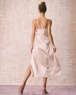 The Khaki V-Neck Colorblock Satin Midi Dress -CINN Clothing Shop the v neck colorblock satin dress dresses 62xrrg