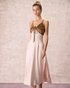 The Khaki V-Neck Colorblock Satin Midi Dress -CINN Clothing Shop the v neck colorblock satin dress dresses o2s3lo