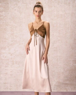 The Khaki V-Neck Colorblock Satin Midi Dress