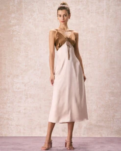 The Khaki V-Neck Colorblock Satin Midi Dress -CINN Clothing Shop the v neck colorblock satin dress khaki dresses svdnzb