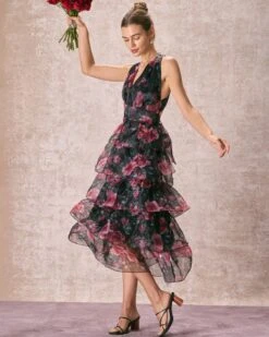 The V Neck Floral Layered Midi Dress -CINN Clothing Shop the v neck floral layered midi dress dresses tydd3w